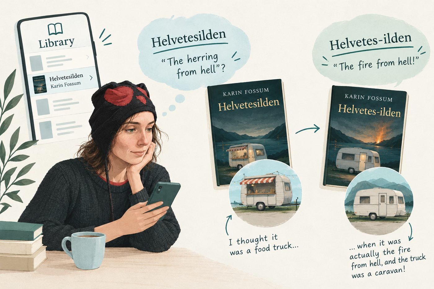 Illustration: a woman reads Helvetesilden on her phone and imagines a food van, while the cover shows a caravan