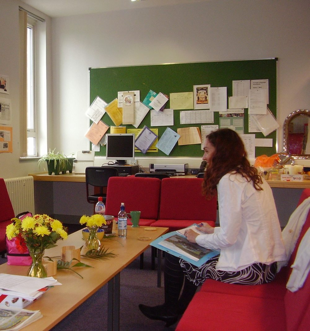 Angélique Olivia, French language assistant, sitting in the staff room at Shawlands Academy