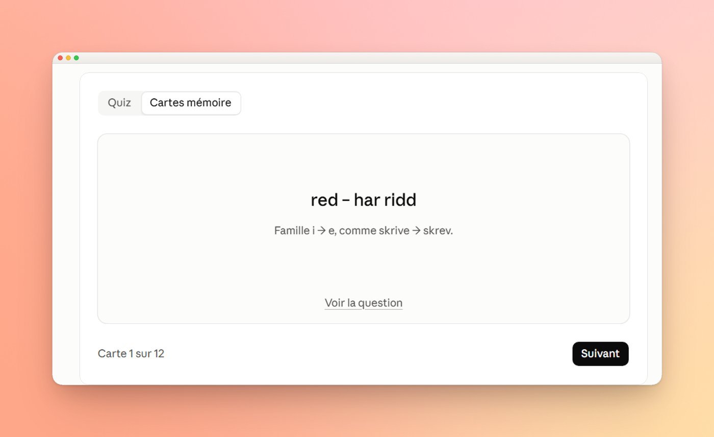Flashcard from a Norwegian revision quiz made with Claude, showing the verb forms red – har ridd