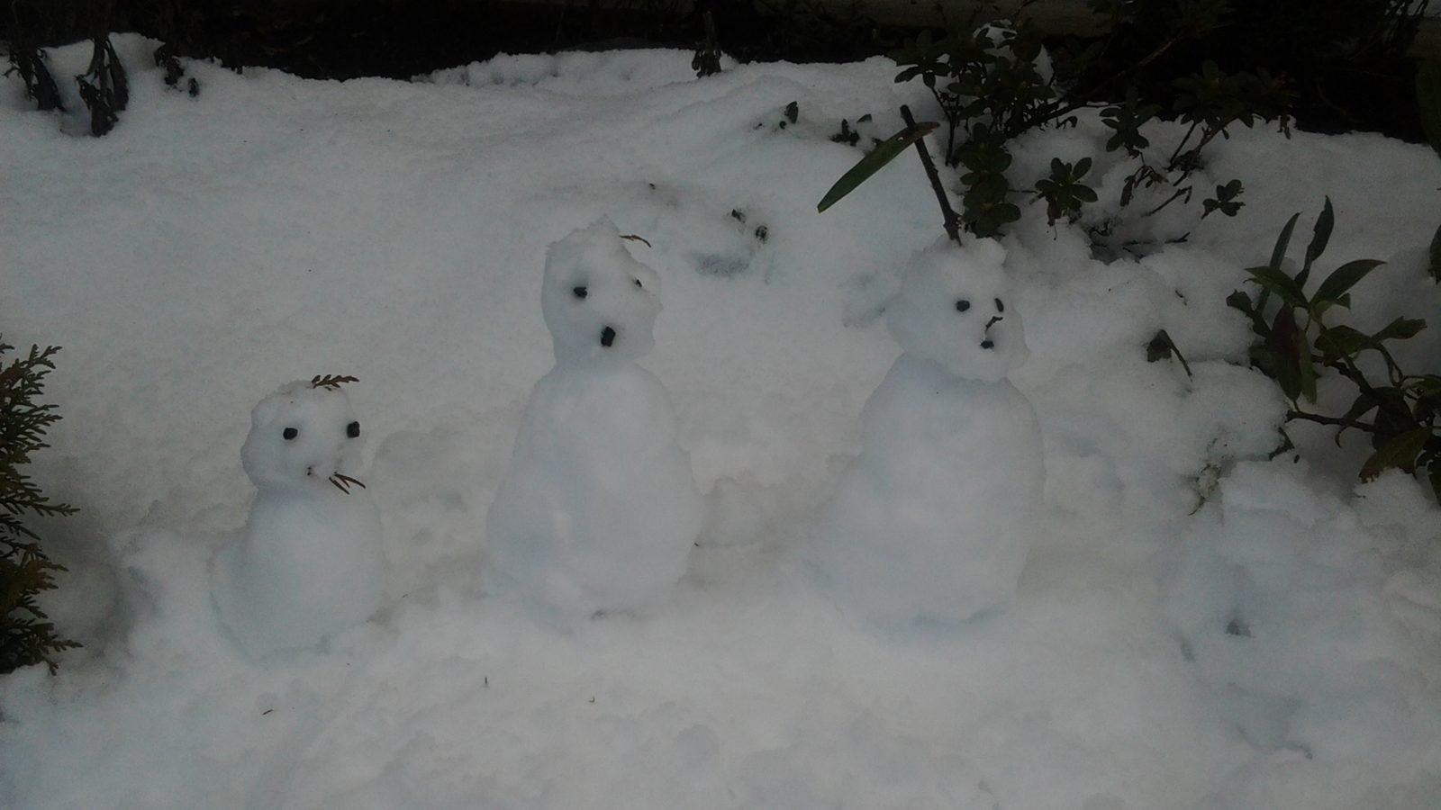 Three snowmen in a snowy Norwegian landscape