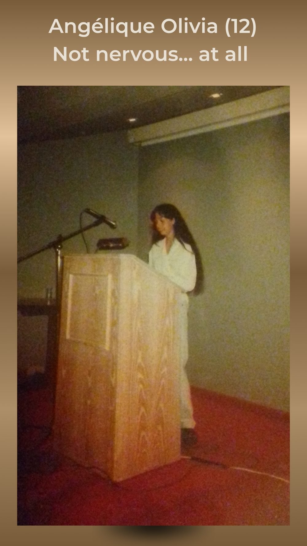 Angélique Olivia as a child, presenting her class's book at a gala evening in Nice
