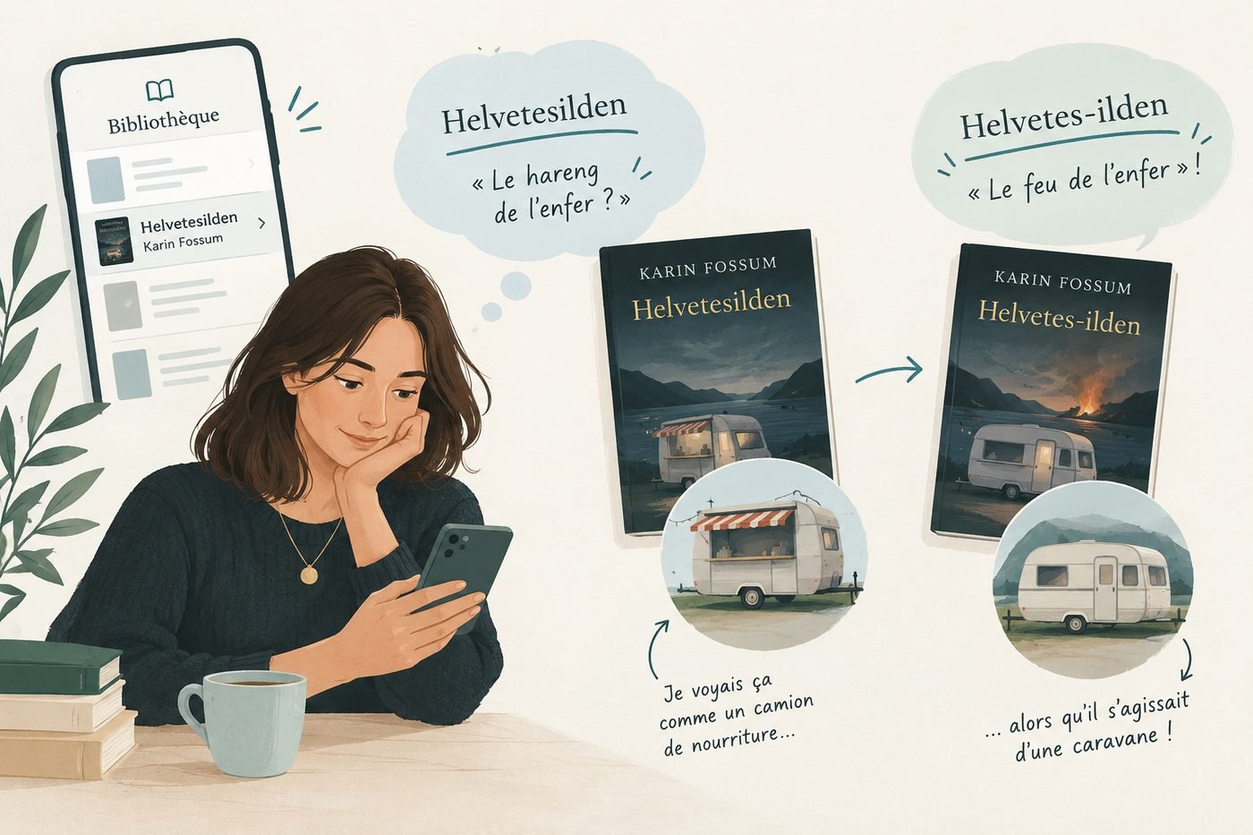 Illustration : une femme lit Helvetesilden sur son téléphone et imagine un camion de nourriture, alors que la couverture montre une caravane