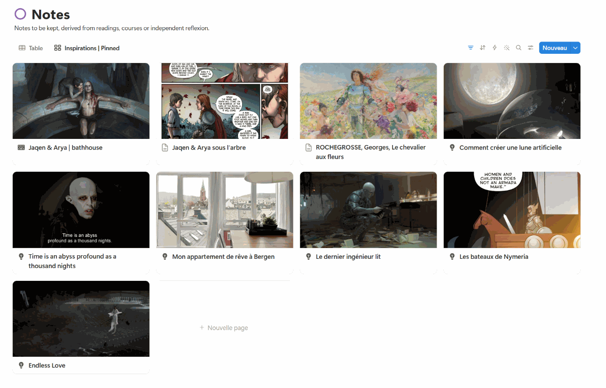 Vue « Inspirations » de mon espace Notion, conçue comme une exposition temporaire