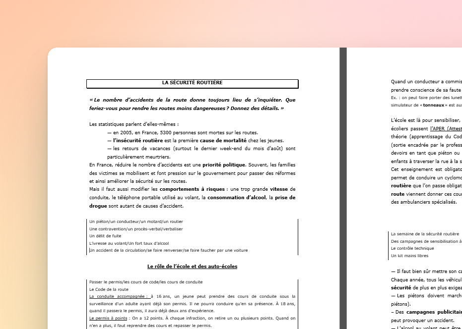 Fiche de cours en français sur la sécurité routière, créée pour le niveau Advanced Higher