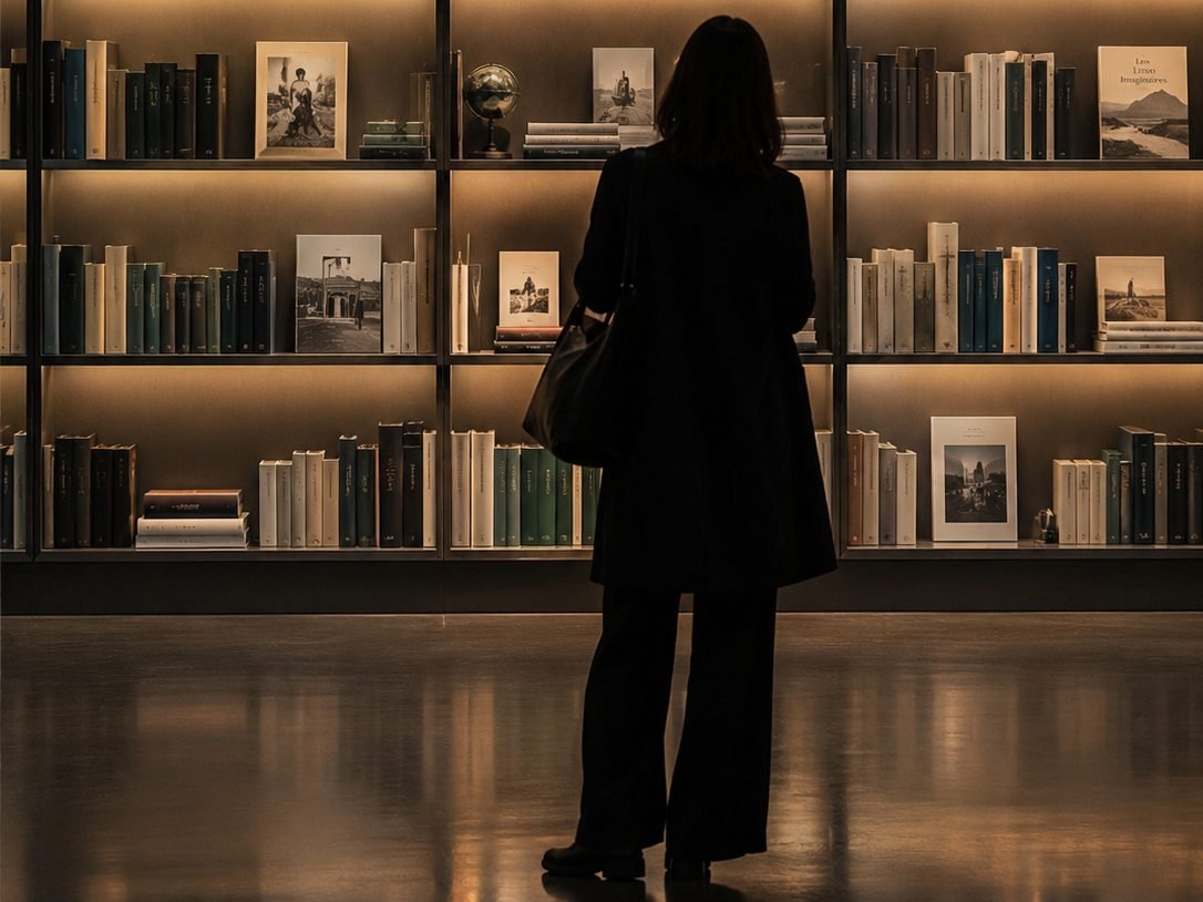 Silhouette of a woman standing in front of softly lit bookshelves
