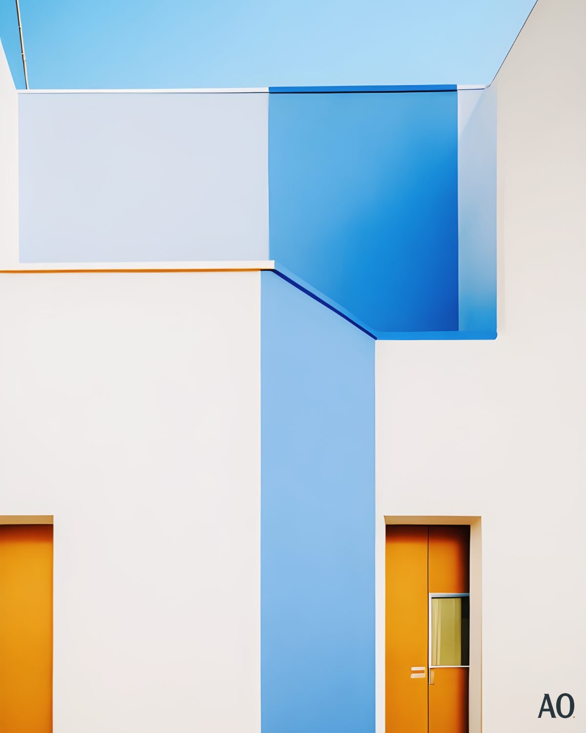 Modern geometric house in blue and white with yellow doors
