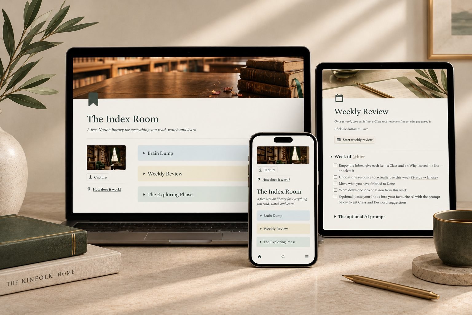The Index Room template shown on a laptop, a phone and a tablet, with the home page and the Weekly Review
