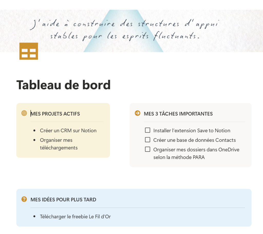 Un tableau de bord Notion sans bases de données